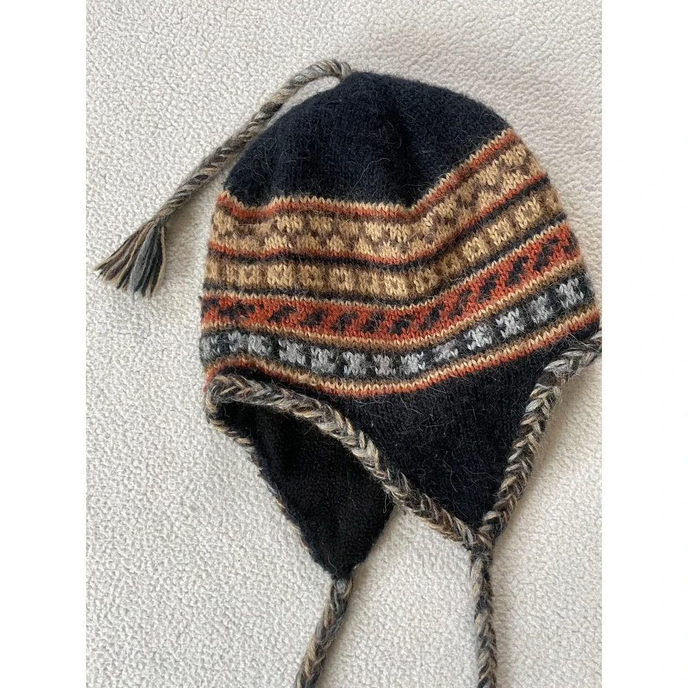 Classic Alpaca One Size Chullo Hat Black Fair Isle Fleece Lined Peru Ear Flaps